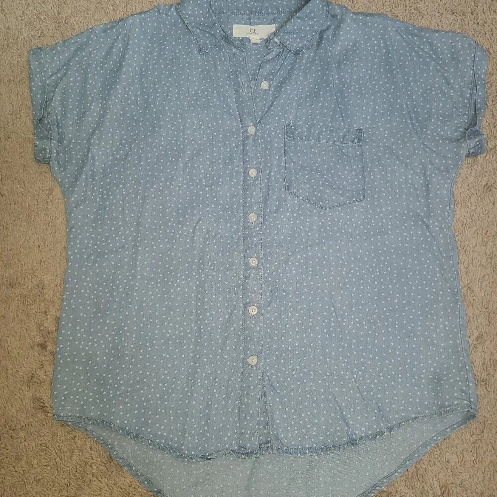 Printed Hearts Denim Button Up Top Chambray - image 1